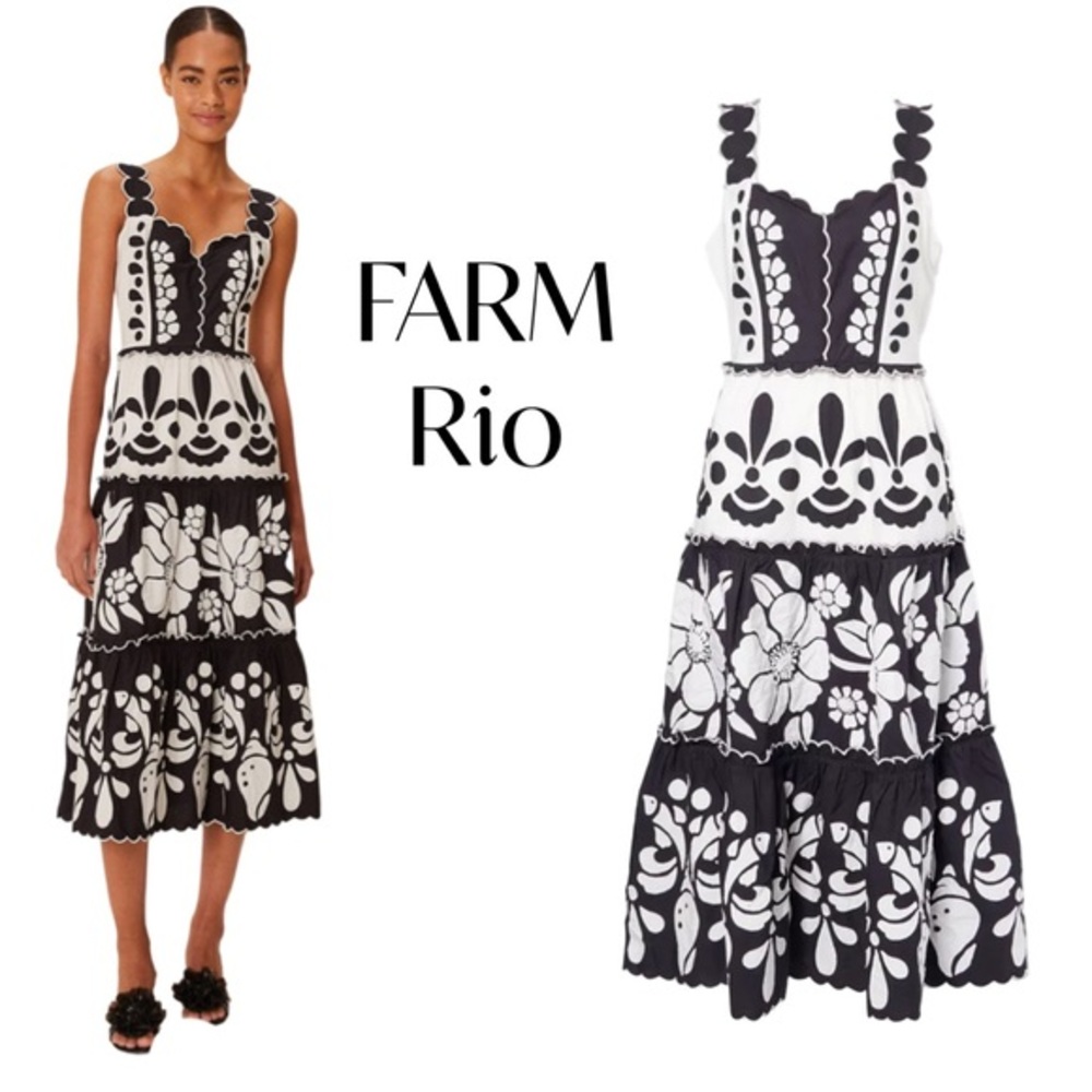 FARM Rio Black And White Summer Cutwork Cotton Midi Dress Sz S NWT